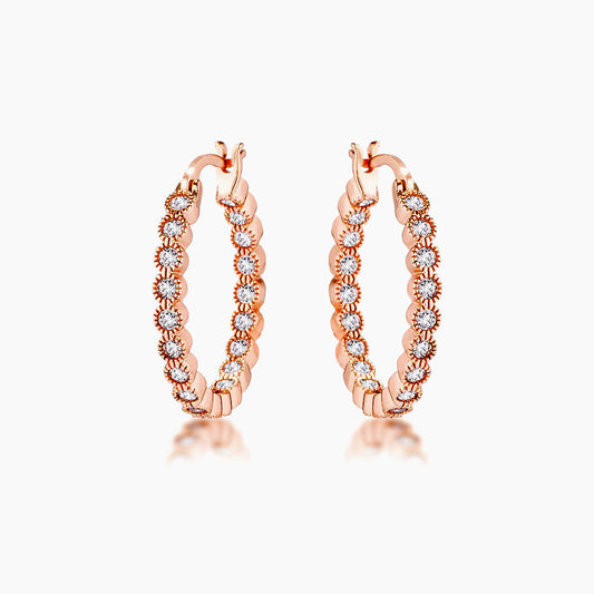 Rose Gold Plated Dotted Clear CZ Round Bezel Hoop Earrings
