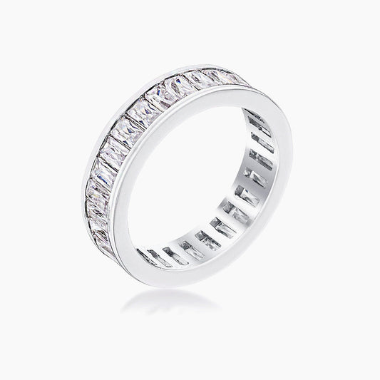 Rhodium Plated Baguette Emerald Cut Eternity Ring